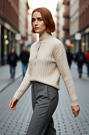 Kadın Dik Yaka Oversize Kalıp Düz Renk Düşük Kol Triko Kazak Soğuk Havalarda Konforlu ve Modern