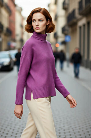 Kadın Basic Oversize Dik Yaka Triko Kazak Düşük Kol Uzun Boy Kışlık Günlük Şıklık Sunar Kaliteli