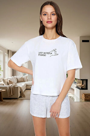 Rahat Yazlık Pijama Takımı Pamuklu Çizgili Kısa Kol Regular Kalıp Mükemmel Uyum