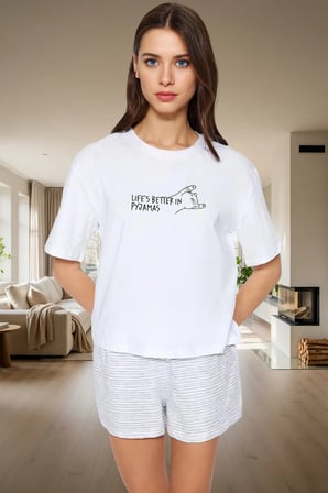 Rahat Yazlık Pijama Takımı Pamuklu Çizgili Kısa Kol Regular Kalıp Mükemmel Uyum
