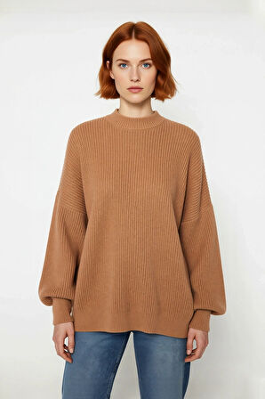 Kadın Oversize Basic Uzun Balon Kol Selanik Dokuma Triko Kazak 100% Akrilik Soğuk Havalar Kaliteli