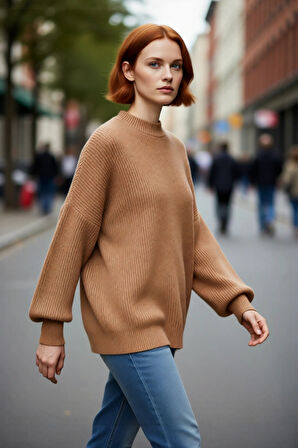 Kadın Oversize Basic Uzun Balon Kol Selanik Dokuma Triko Kazak 100% Akrilik Soğuk Havalar Kaliteli