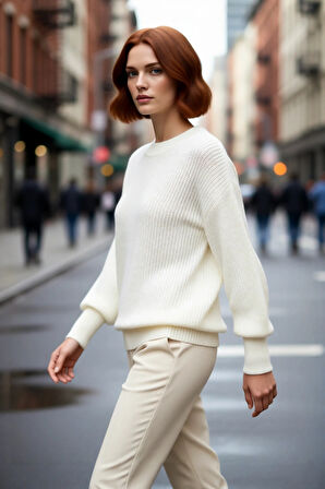 Kadın Oversize Basic Uzun Balon Kol Selanik Dokuma Triko Kazak 100% Akrilik Soğuk Havalar Kaliteli