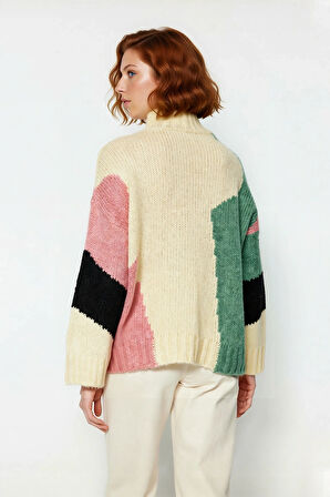 Kadın Şık Dik Yaka Oversize Renk Bloklu Düşük Kol Uzun Triko Kazak Kış Modasına Yeni Bir Soluk