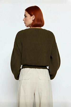 Kadın Gri %100 Akrilik Oversize Selanik Dokuma Bisiklet Yaka İspanyol Kol Crop Triko Kazak