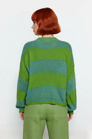 Kadın Rahat Kalıp Düşük Kol Bisiklet Yaka Renk Bloklu Akrilik Triko Kazak Günlük Kullanım Şıklığı.