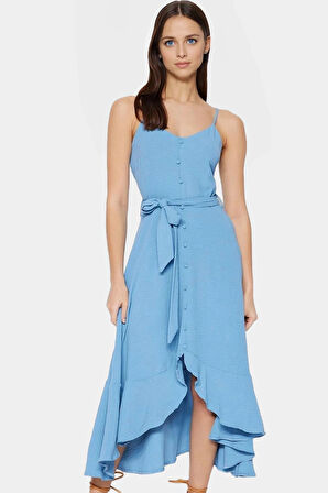 Yazlık A Line Kolsuz Maxi Elbise Aerobin Dokuma Kuşak Detayı Polyester Kumaş Trend Tasarım