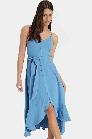 Yazlık A Line Kolsuz Maxi Elbise Aerobin Dokuma Kuşak Detayı Polyester Kumaş Trend Tasarım