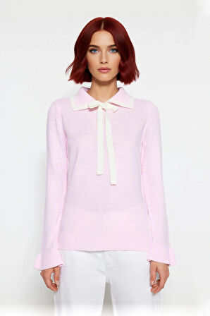 Kadın Polo Yaka Bağcıklı Triko Kazak Renk Bloklu Uzun Kollu Kışlık Ofis Şıklığı İçin Rahat Seçim