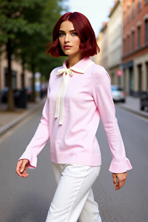 Kadın Polo Yaka Bağcıklı Triko Kazak Renk Bloklu Uzun Kollu Kışlık Ofis Şıklığı İçin Rahat Seçim