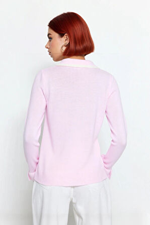 Kadın Polo Yaka Bağcıklı Triko Kazak Renk Bloklu Uzun Kollu Kışlık Ofis Şıklığı İçin Rahat Seçim