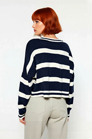 Kadın Basic Çizgili Oversize Triko Crop Kazak Düşük Kol Rahat Kesim Şık Görünüm Kaliteli