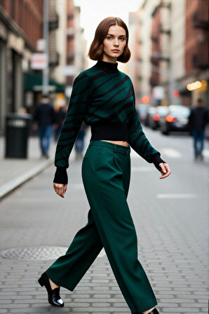 Kadınlara Özel Pembe Zebra Desenli Dik Yaka Uzun Kollu Crop Triko Kazak Kış Şıklığı İçin Kaliteli