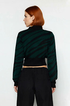 Kadınlara Özel Pembe Zebra Desenli Dik Yaka Uzun Kollu Crop Triko Kazak Kış Şıklığı İçin Kaliteli