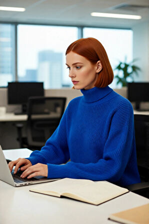 Kadın Basic Oversize Canlı Mavi Akrilik Balıkçı Yaka Uzun Kollu Triko Kazak Kışlık Kombinlerin