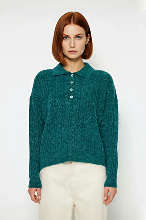 Kadın Oversize Triko Polo Yaka Saç Örgü Düşük Kollu Rahat Kışlık Basic Stil Kazak Kaliteli