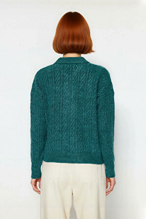 Kadın Oversize Triko Polo Yaka Saç Örgü Düşük Kollu Rahat Kışlık Basic Stil Kazak Kaliteli