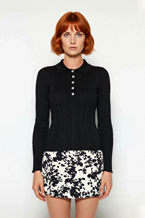 Kadın Merserize Görünümlü İnce Yapılı Uzun Kollu Polo Yaka Triko Kazak Şık ve Rahat Kaliteli