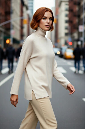 Kadınlara Özel Oversize Kesim Düz Desen Balıkçı Yaka Uzun Kollu Triko Kazak Kış Modası Kaliteli