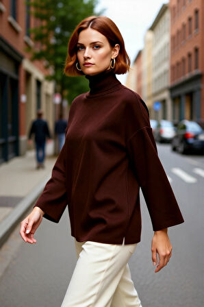 Kadınlara Özel Oversize Kesim Düz Desen Balıkçı Yaka Uzun Kollu Triko Kazak Kış Modası Kaliteli