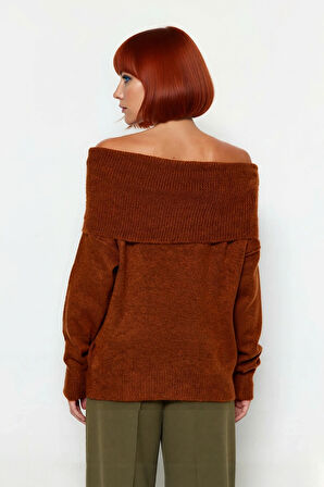 Kadın Regular Kalıp Omuz Dekolteli Düz Desen Triko Kazak Soğuk Havalar İçin Şık Seçim Kaliteli