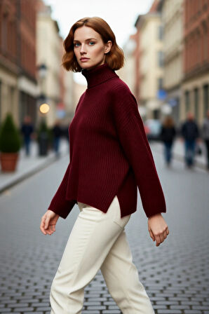 Kadın Balıkçı Yaka Oversize Düz Triko Kazak Kış Aylarında Modern ve Rahat Bir Tarz Sunar Kaliteli