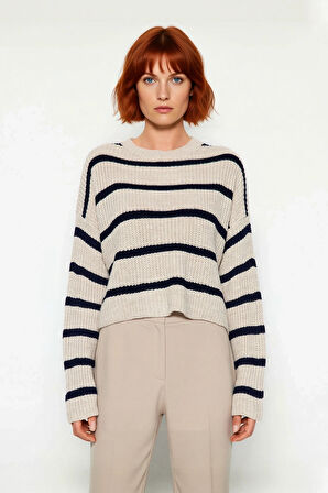 Kadınlara Özel Basic Çizgili Oversize Triko Kazak Bisiklet Yaka Uzun Düşük Kol Kış Şıklığı