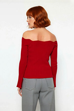 Kadınlar İçin İnce Fitted Carmen Yaka Akrilik Triko Kazak Uzun Kollu Düz Fitilli Tasarım Modelleri