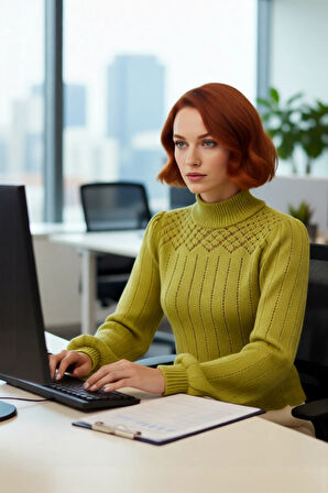 Kadın Ajurlu Örgü Detaylı Dik Yaka Fitted Crop Kazak Balon Kolları İle Kışa Özel Trend Bir Stil