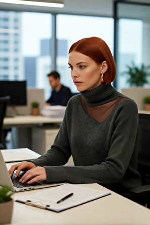 Kadın Basic Siluet Triko Kazak Düşük Kol Choker Yaka Tül Detaylı Kış Stiline Modern Dokunuş