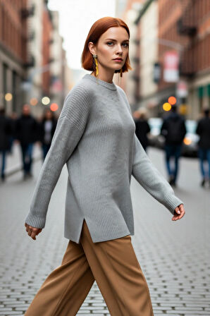 Kadın Basic Oversize Bisiklet Yaka Uzun Kol Triko Kazak Günlük Konforlu Şık Kışlık Giyim Kaliteli