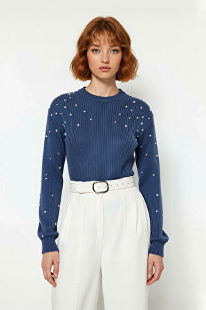 Kadın İnci Detaylı Bisiklet Yaka Regular Kalıp Düşük Kol Fitilli Triko Kazak Günlük Şıklık