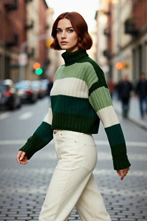 Kadın Basic Renk Bloklu Uzun Kol Balıkçı Yaka Super Crop Fitilli Triko Kazak Kış Modasına Uyumlu