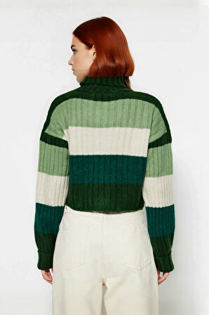 Kadın Basic Renk Bloklu Uzun Kol Balıkçı Yaka Super Crop Fitilli Triko Kazak Kış Modasına Uyumlu