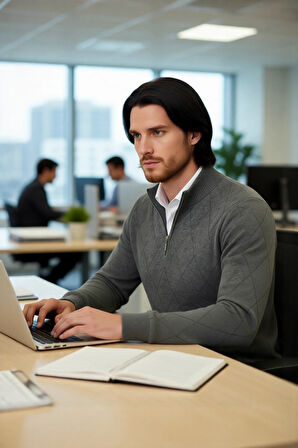 Modern Erkek Regular Kalıp Pamuklu Triko Yarım Balıkçı Fermuarlı Baklava Desenli Kazak Stili