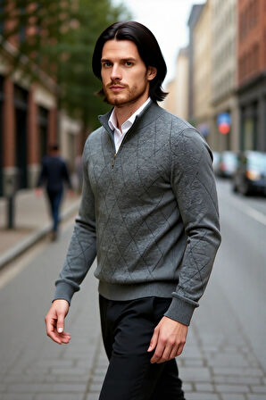 Modern Erkek Regular Kalıp Pamuklu Triko Yarım Balıkçı Fermuarlı Baklava Desenli Kazak Stili