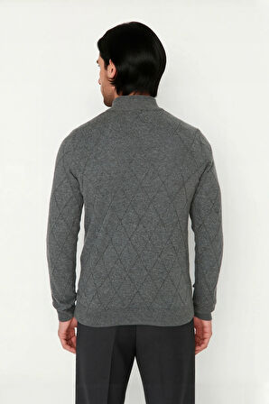 Modern Erkek Regular Kalıp Pamuklu Triko Yarım Balıkçı Fermuarlı Baklava Desenli Kazak Stili