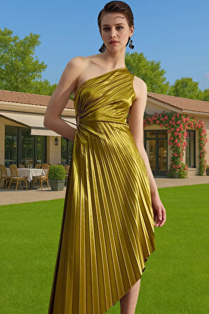 Şık Pilise Detaylı Tek Omuz Saten Elbise Midi Boy Zarifane Tasarım Uzun Ömürlü Özel Tasarım