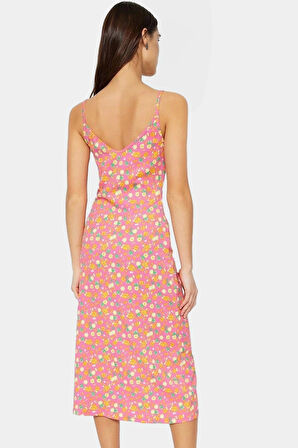 Şık Çiçekli A Line Midi Elbise Nefes Alan Örme Kumaş V Yaka İnce Askılı Trend Tasarım