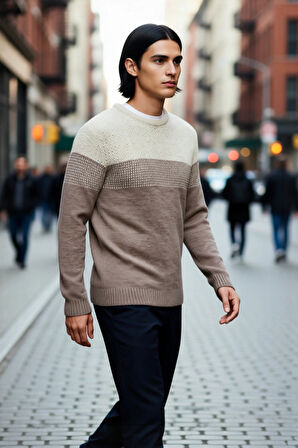 Erkek Basic Kesim Bisiklet Yaka Uzun Kol Renk Bloklu Akrilik Triko Kazak Kış Kombinlerine Özel