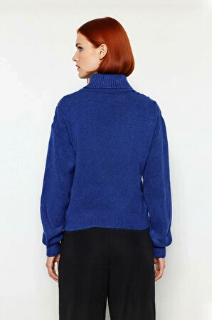 Kadın Lacivert Balıkçı Yaka Regular Kesim Taş İşlemeli Triko Kazak Soğuk Havaların Şık Seçimi