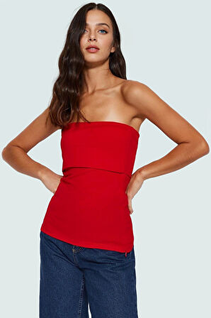 Yandan Fermuarlı Krep Örme Straplez Bluz Premium Kalite Modern Stil