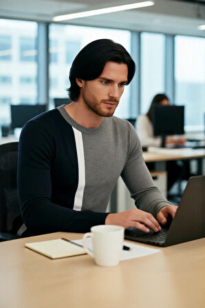 Erkek Basic Siluet Bisiklet Yaka Renk Bloklu Uzun Kollu Fitted Kalıp İntersia Triko Kazak Kaliteli