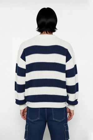 Erkek Basic Koleksiyon Uzun Kollu Rahat Çizgili Bisiklet Yaka Akrilik Oversize Triko Kazak