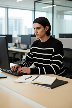 Modern Erkek Gri Çizgili Oversize Bisiklet Yaka Akrilik Uzun Kollu Kış Kombinlerinin Vazgeçilmezi