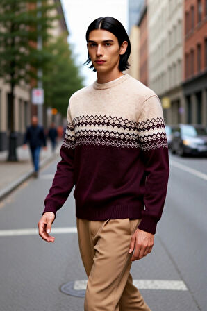 Erkeklere Özel Fitted Kalıp Etnik Desenli Bisiklet Yaka Triko Kazak Kışlık Kombinlerin Vazgeçilmezi