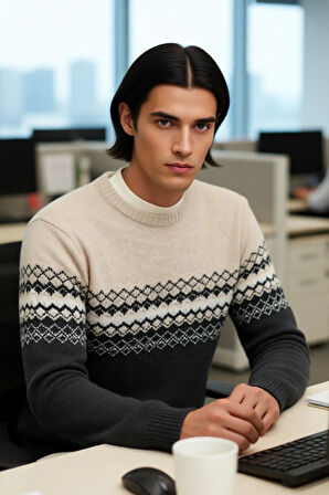 Erkeklere Özel Fitted Kalıp Etnik Desenli Bisiklet Yaka Triko Kazak Kışlık Kombinlerin Vazgeçilmezi