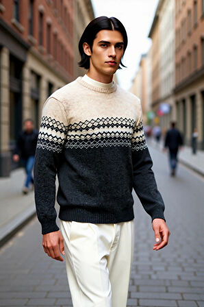 Erkeklere Özel Fitted Kalıp Etnik Desenli Bisiklet Yaka Triko Kazak Kışlık Kombinlerin Vazgeçilmezi