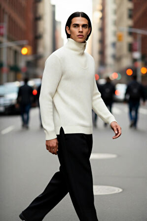 Erkeklerin Soğuk Havalarda Tercihi Regular Kalın Fermuarlı Dik Yaka Selanik Triko Kazak Modeli