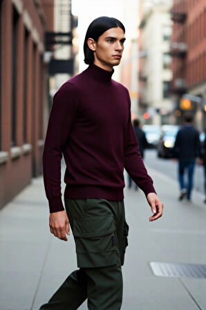 Erkek Slim Fit Dik Yaka Basic Triko Kazak Soğuk Havalarda Konforlu ve Rahat Bir Tarz Sunar